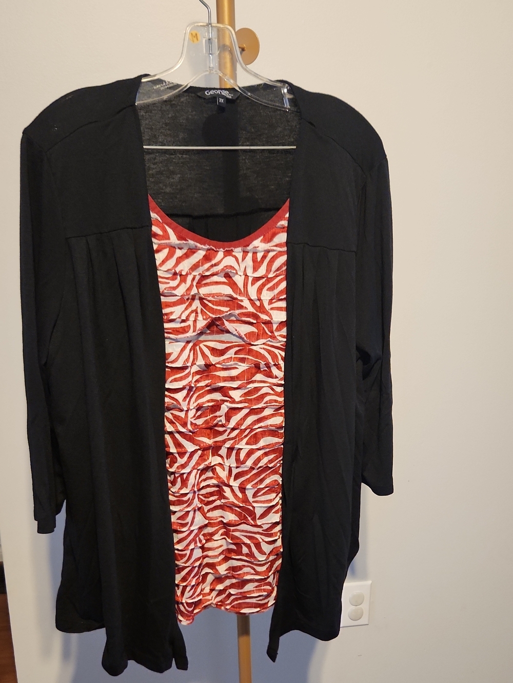 George Black Open Cardigan with Red & White Printed Tank